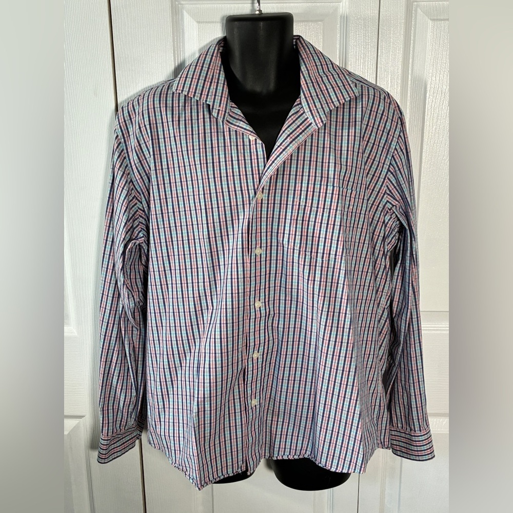 Charleston Threads Plaid Blue Peach Pink Long Sleeve Button Up Shirt